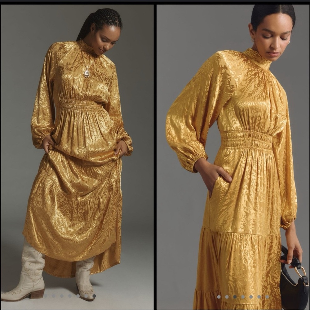 Anthropologie Gold Gown with Bishop Sleeves and Mock Neck